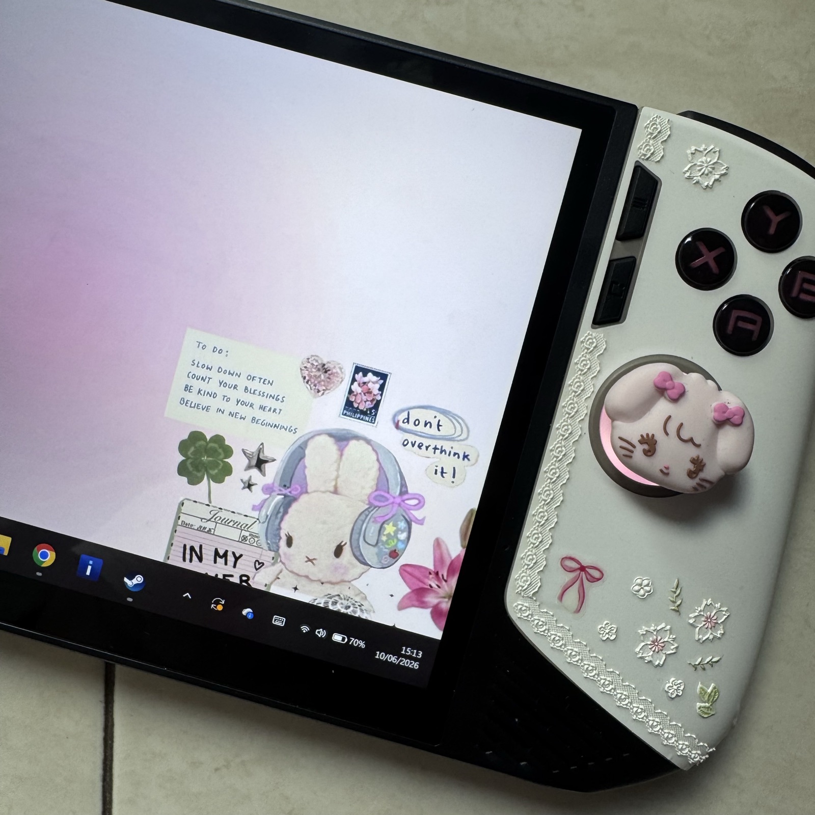 Top-down on my widgets board — "don't overthink it," a short to-do list, and a sleepy bunny.